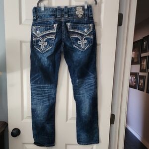 Rock Revival Dark Blue Straight Jeans with Embroidered Pockets
